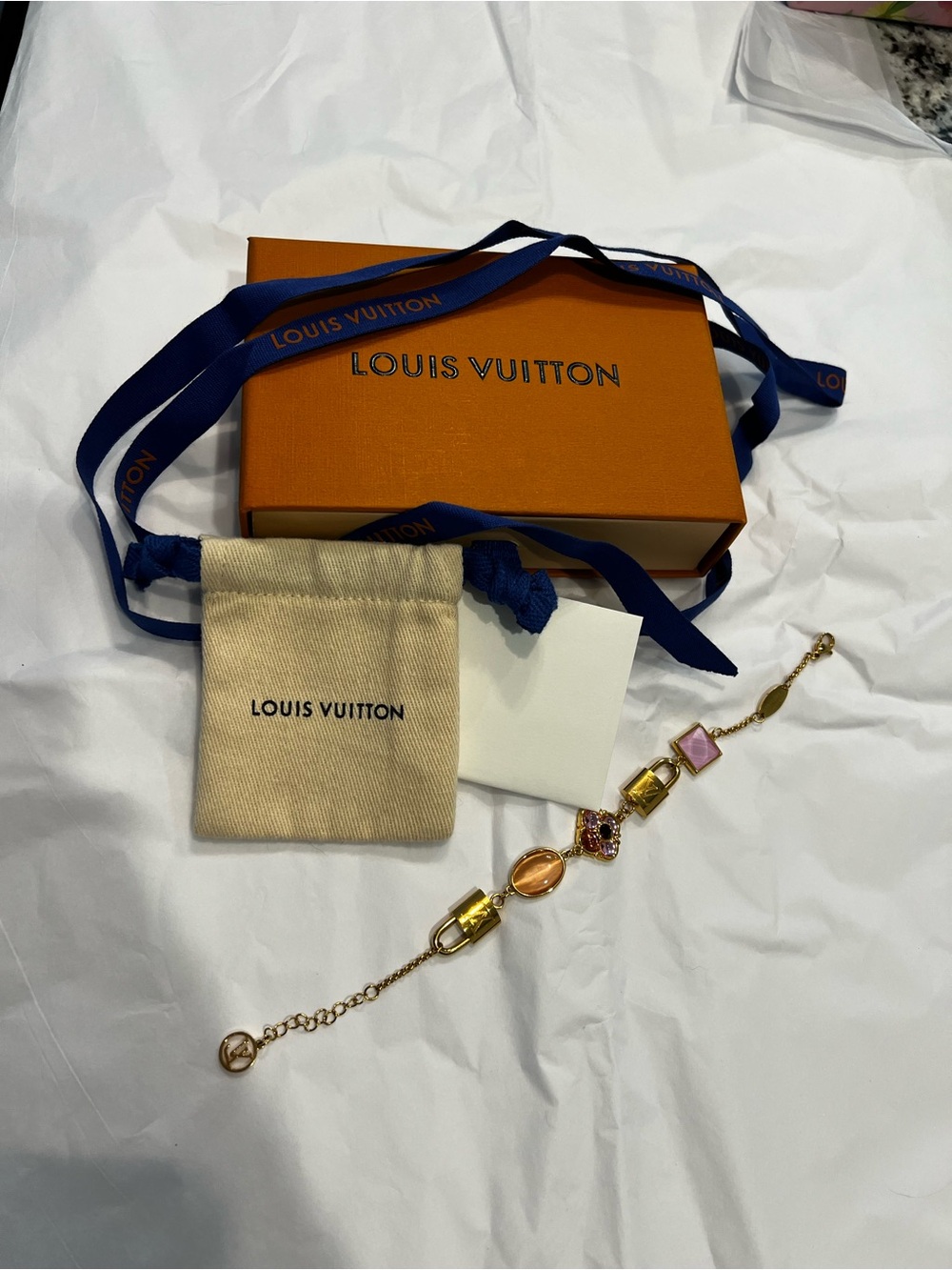 Louis Vuitton Gold Tone Padlock Charm Bracelet with Pink Stones & LV Box